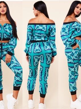 L'ATISTE Teal Paisley Track Jogger Pants